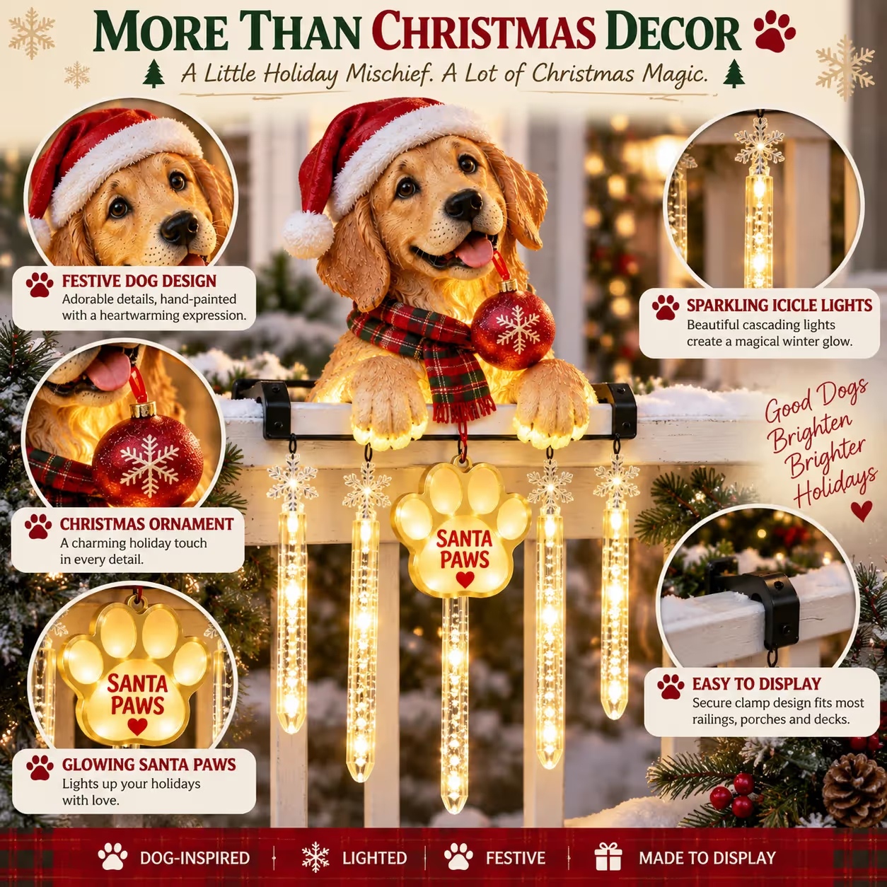 🐾 Santa Paws Christmas Porch Glow – Illuminated Dog‑Themed Railing Decoration 🎄✨