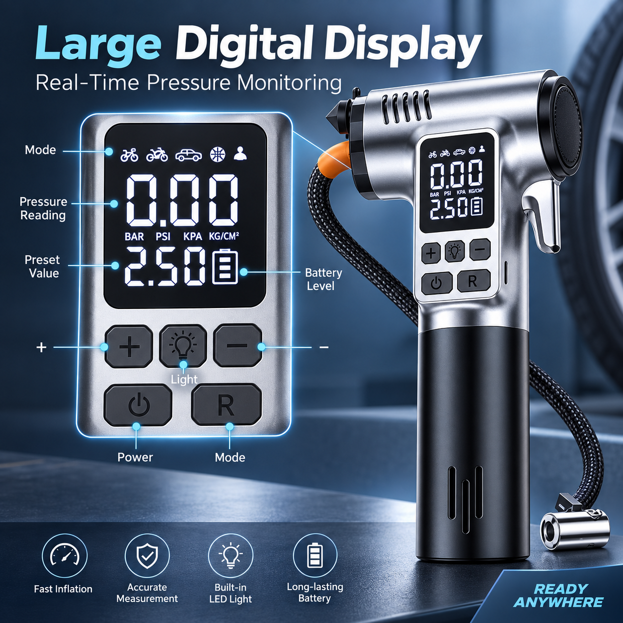 Wireless Tire Inflator With Emergency Escape Tools