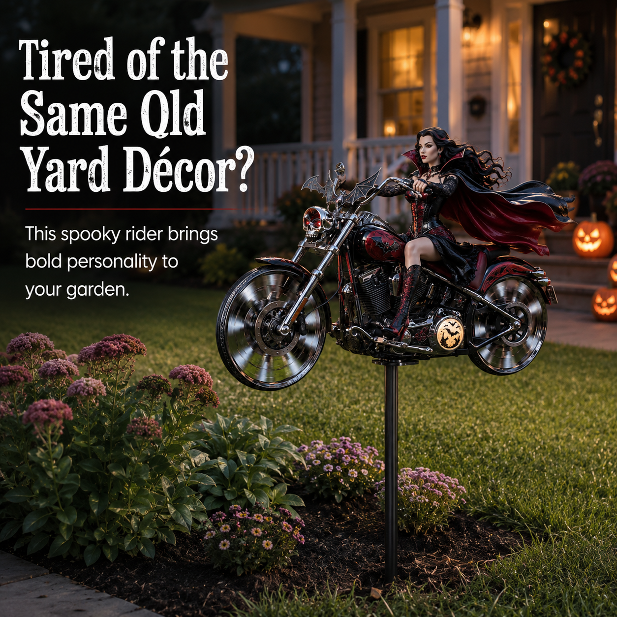 Spooky Motorcycle Garden Stake – Eye-Catching Halloween Yard Décor in 4 Character Styles
