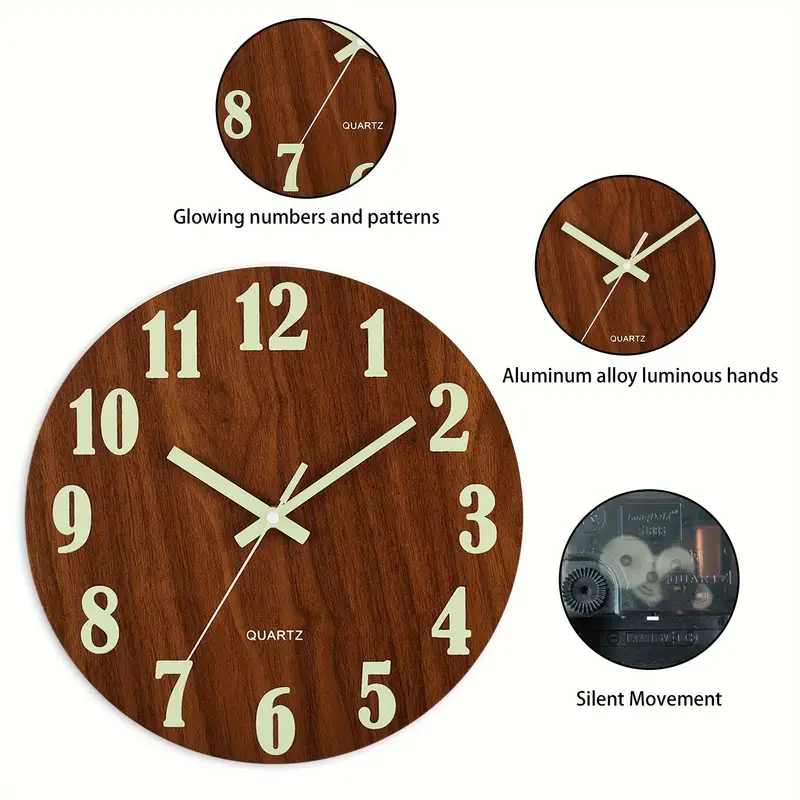 12-Inch Glow-in-the-Dark Sillent Wooden Wall Clock