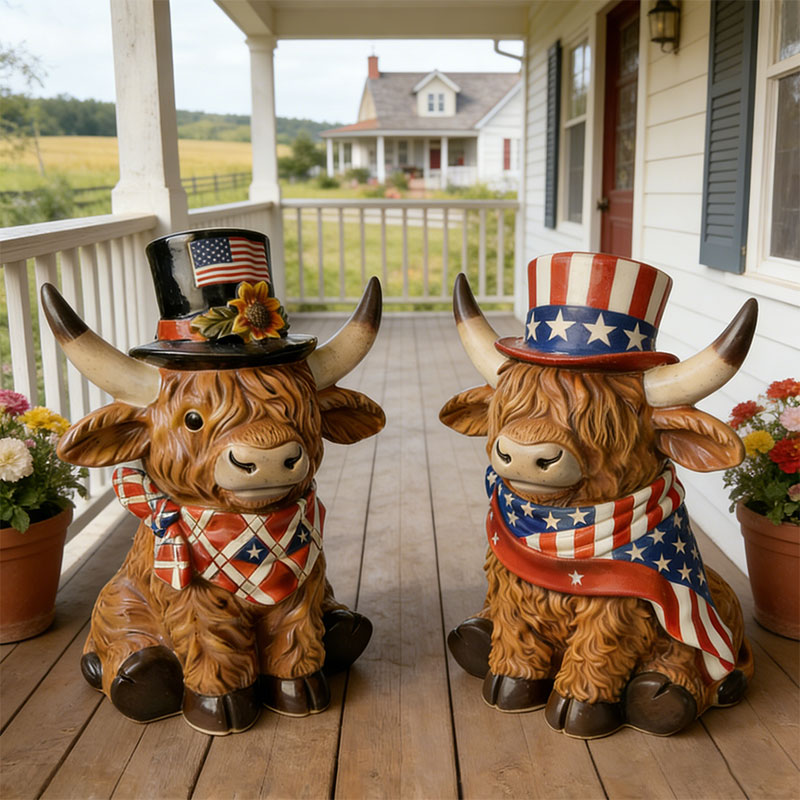 🐂 Patriotic Highland Cow Figurine Set – 250th Anniversary Tribute 🇺🇸✨