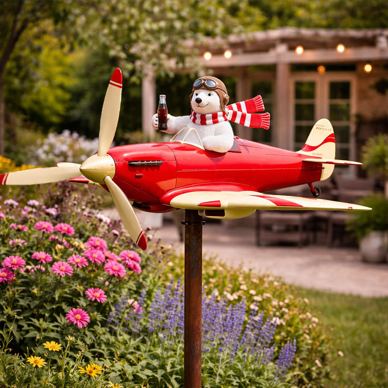 🐻✈️ Polar Bear Pilot Airplane Wind Spinner – Whimsical Garden Decor ✨