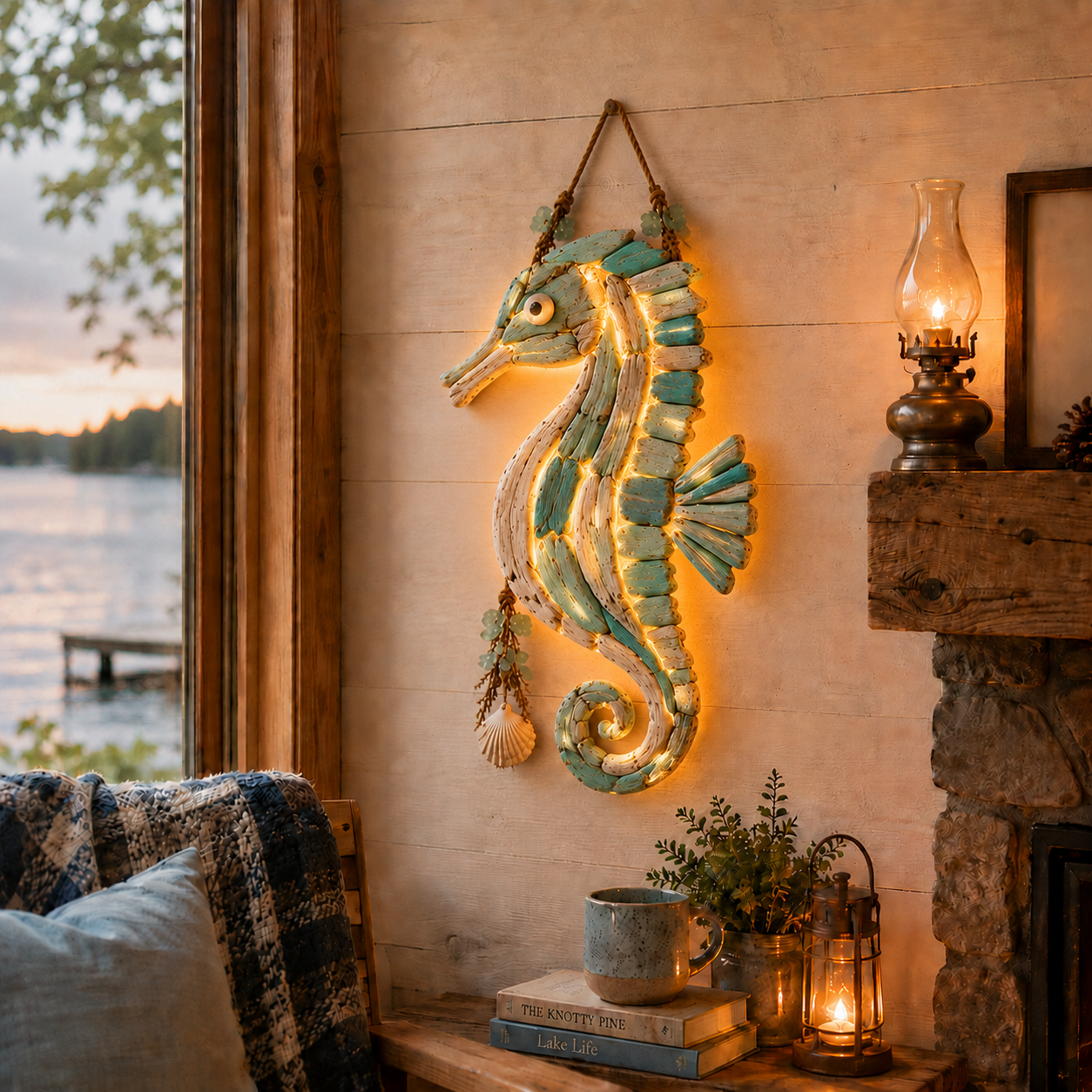 Seahorse coastal wall decor, lighted style (warm lights)