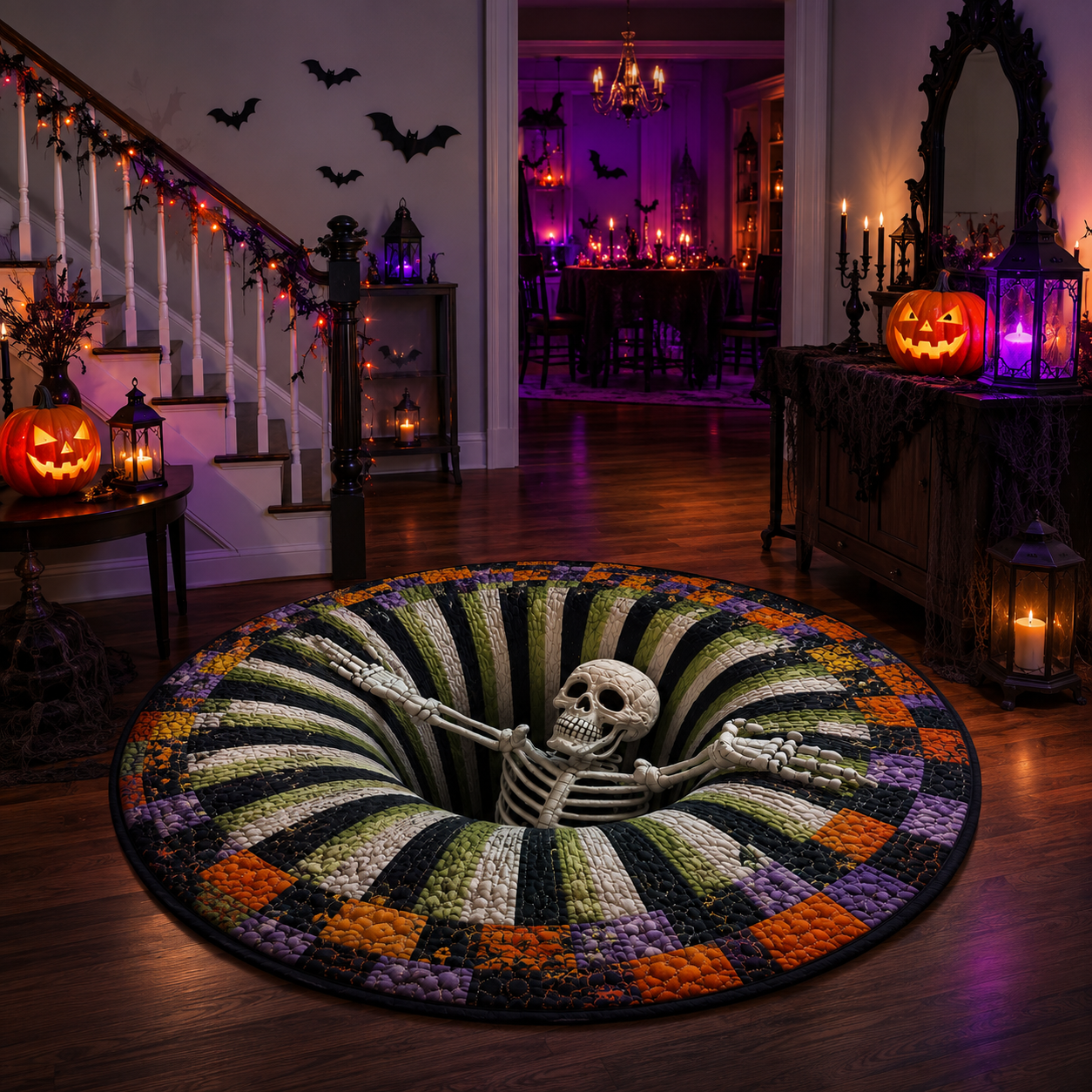 ⏰LAST DAY SALE🔥3D Skeleton Vortex Quilted Round Halloween Rug