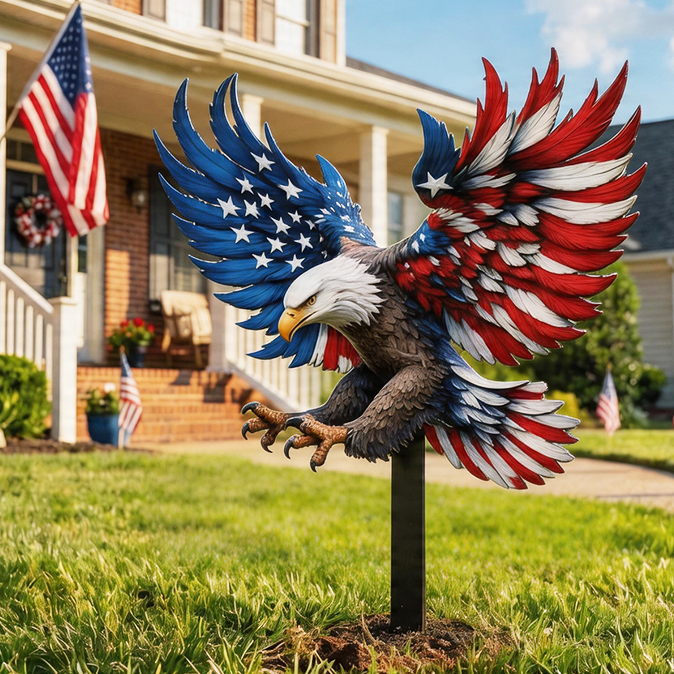 Patriotic Bald Eagle Metal Yard Stake – American Flag Garden Sculpture