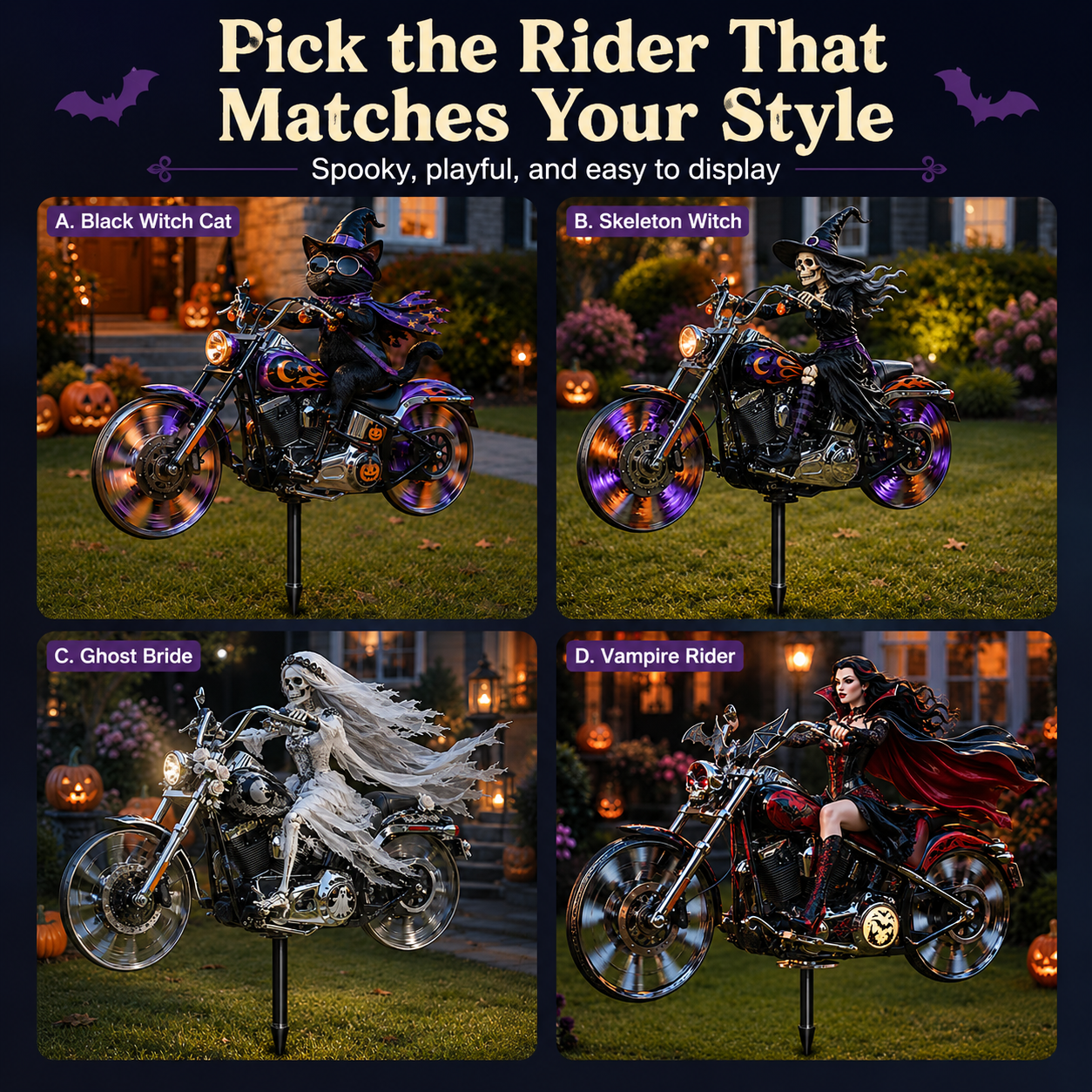 Spooky Motorcycle Garden Stake – Eye-Catching Halloween Yard Décor in 4 Character Styles