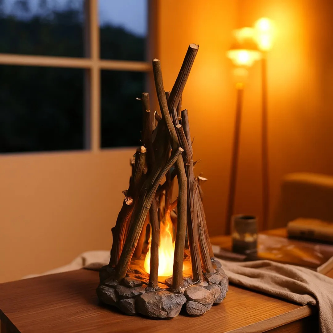 🔥 Mini Campfire Night Light – Real Wood & Stone LED Lamp with Crackling Fire Sounds