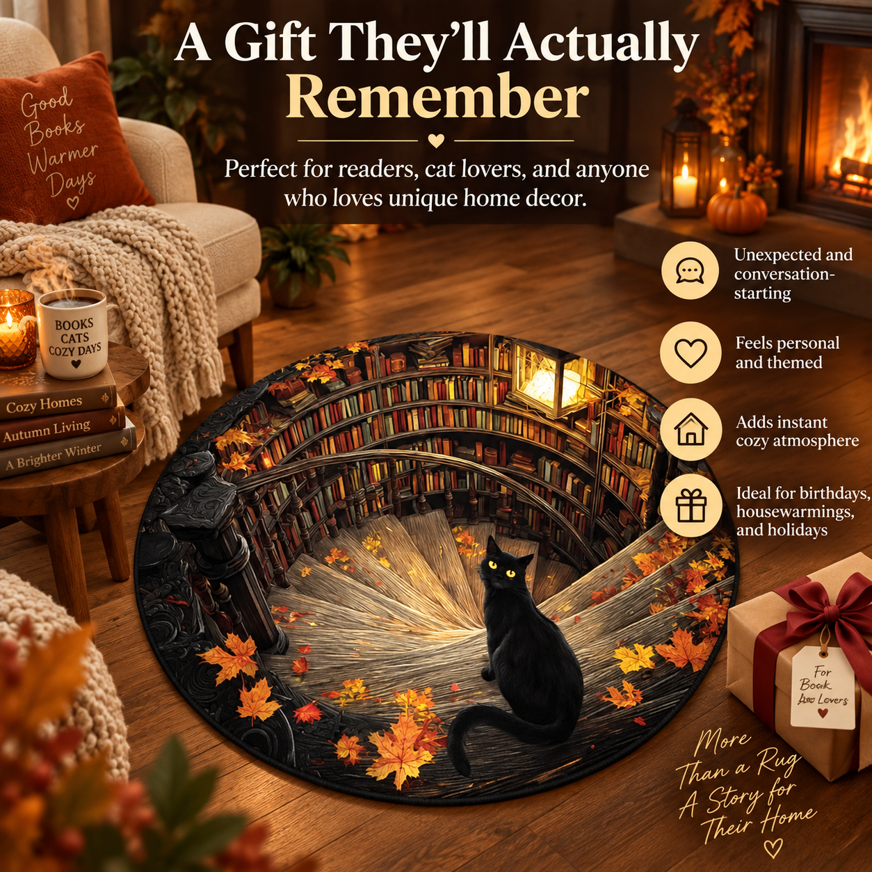 3D Black Cat Secret Library Illusion Rug