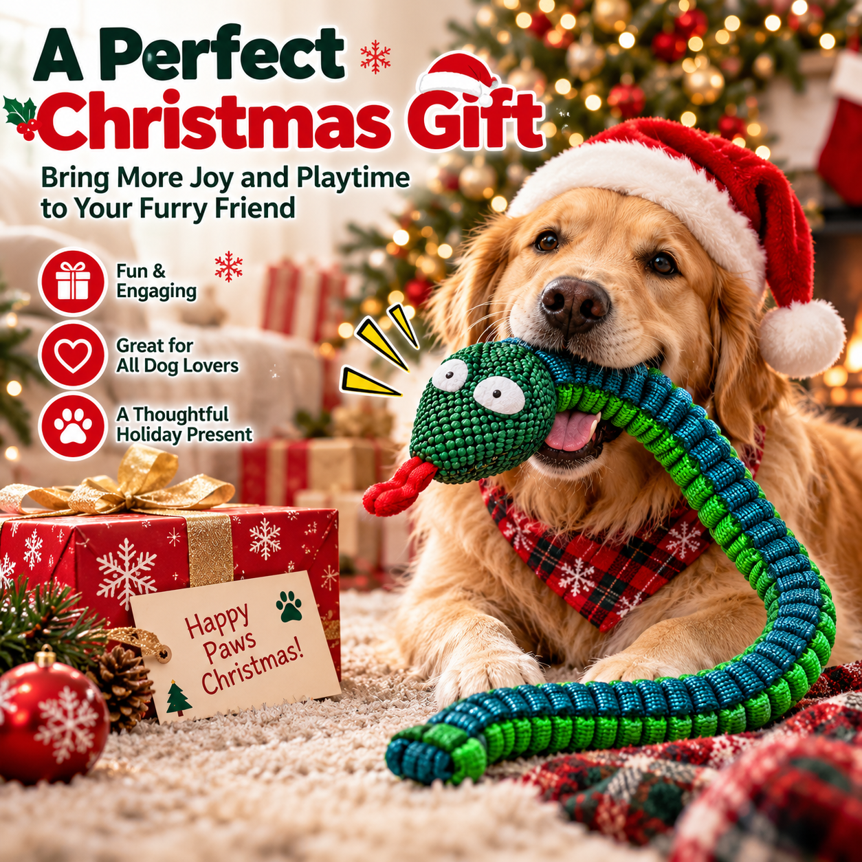 Tough Braided Snake Dog Toy – Squeaky, Chew-Resistant Tug Toy for Medium & Large Dogs