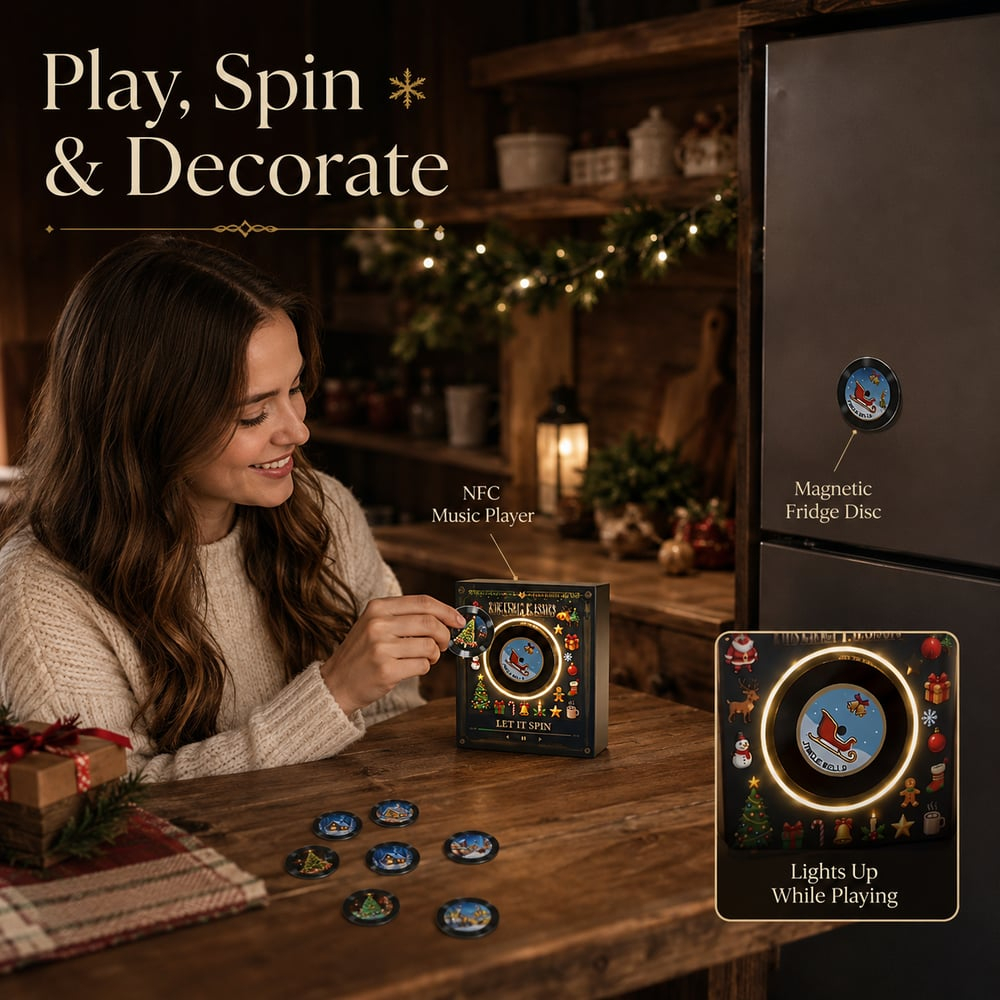Retro NFC Vinyl Christmas Refrigerator Magnet Light-Up Spinning Decor for Holiday Home & Christmas Gift