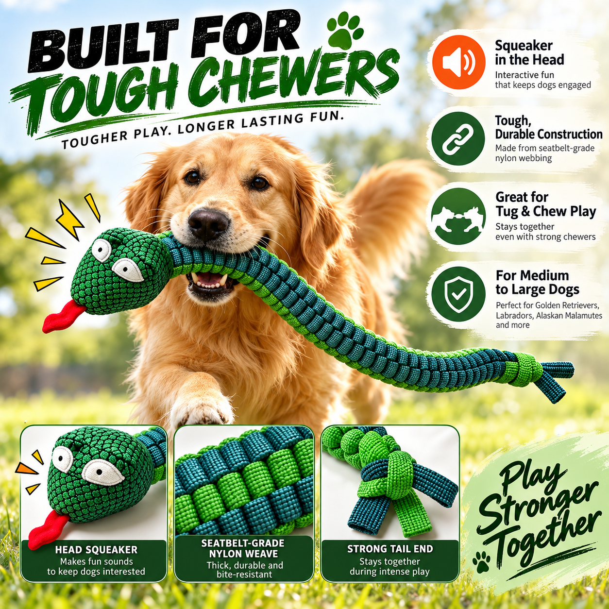 Tough Braided Snake Dog Toy – Squeaky, Chew-Resistant Tug Toy for Medium & Large Dogs