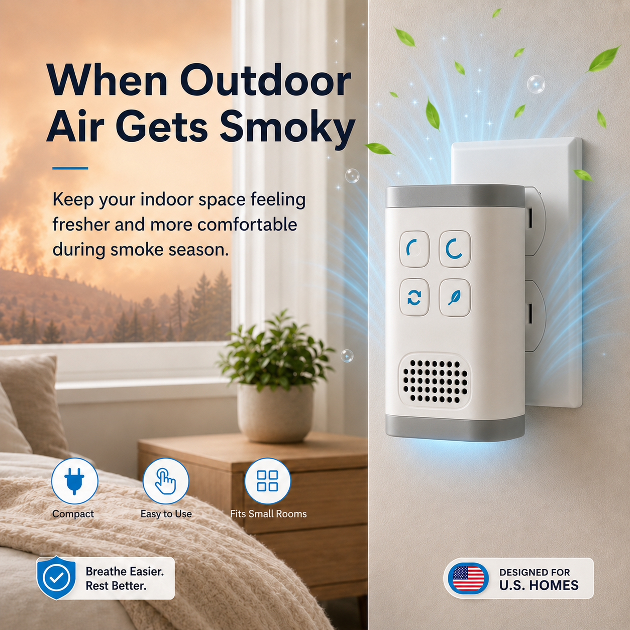 Compact Plug-In Ionic & Ozone Air Purifier, Filter-Free Room Comfort