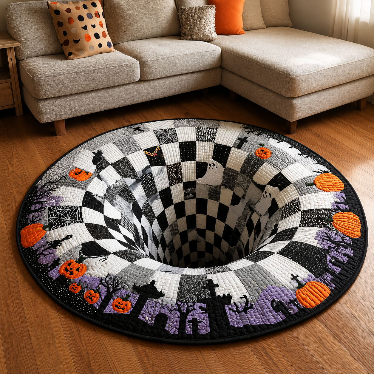 ⏰LAST DAY SALE🔥3D Skeleton Vortex Quilted Round Halloween Rug