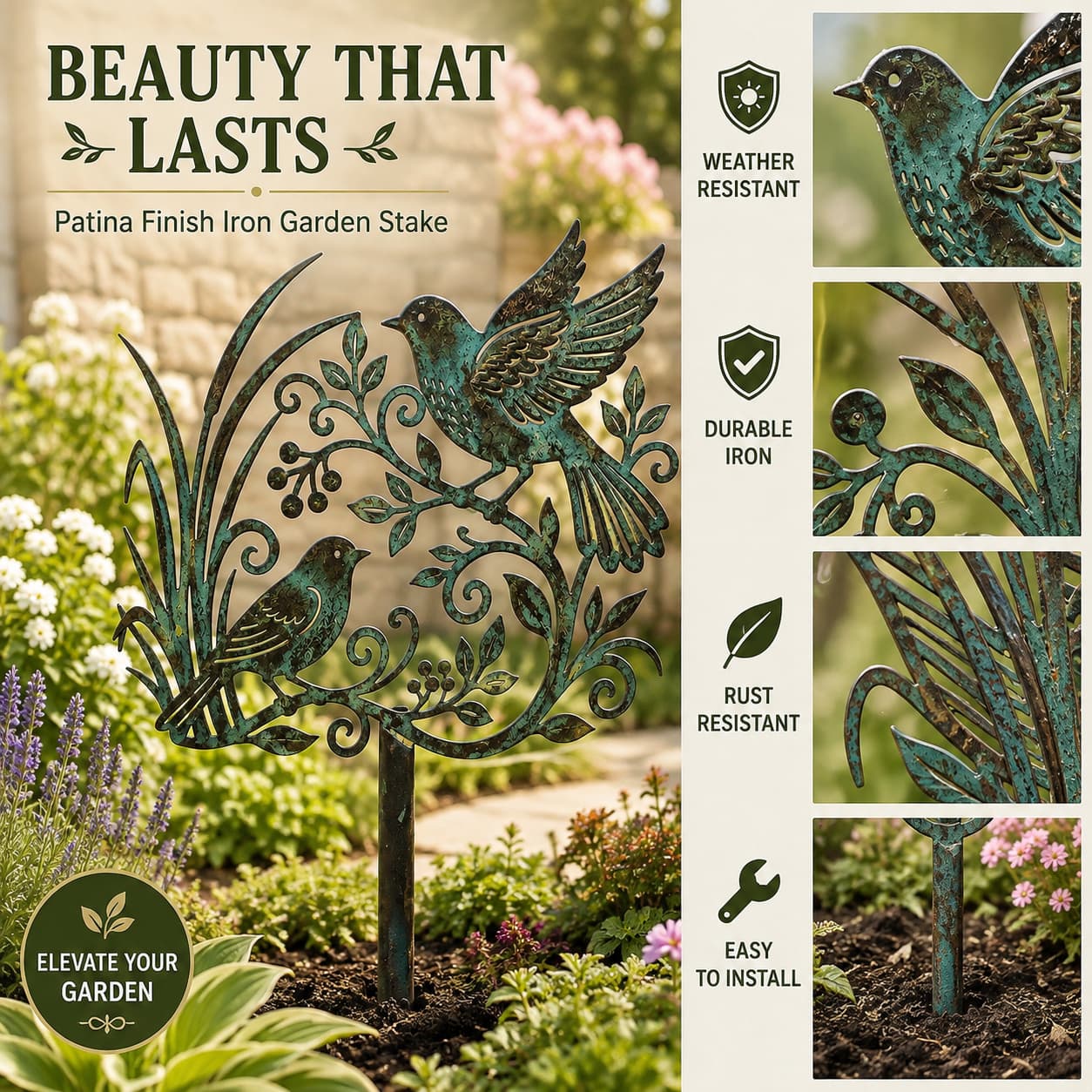 🐦Patina Finish Iron Garden Stake