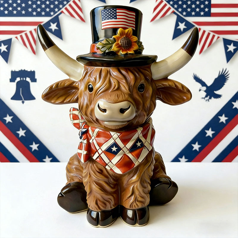 🐂 Patriotic Highland Cow Figurine Set – 250th Anniversary Tribute 🇺🇸✨