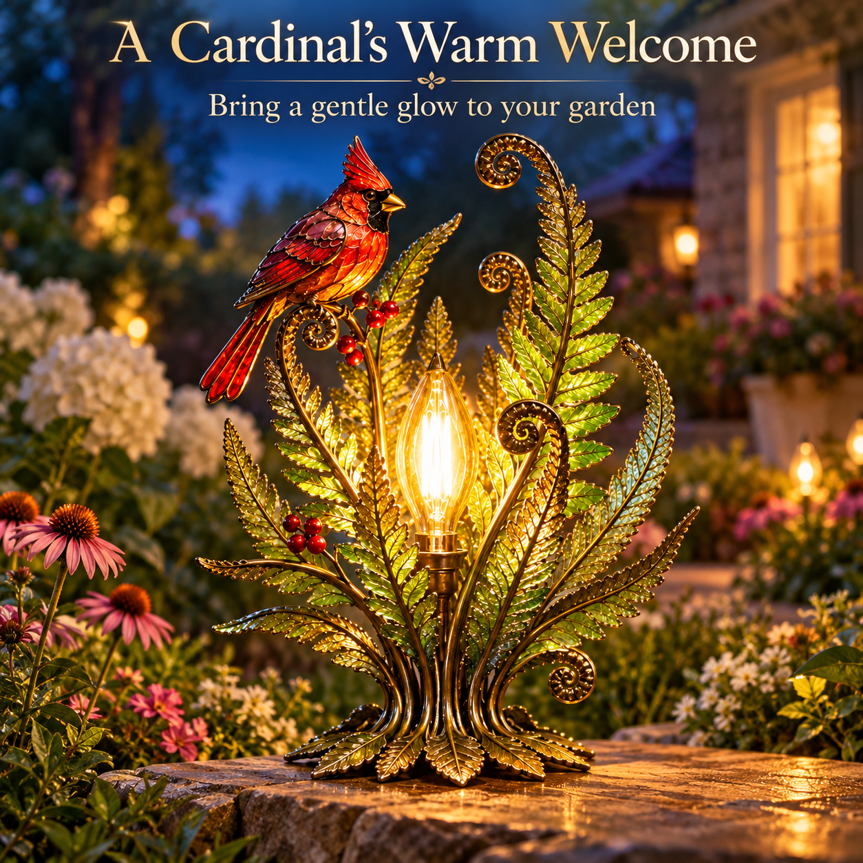 🐦 Cardinal Garden Glow Lamp – Vintage Bird & Botanical Table Light