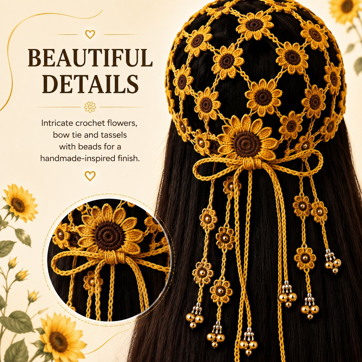 🌻Women’s Handmade Crochet Sunflower Baseball Cap – Hollow-Out Boho Summer Sun Hat with Decorative Tassels