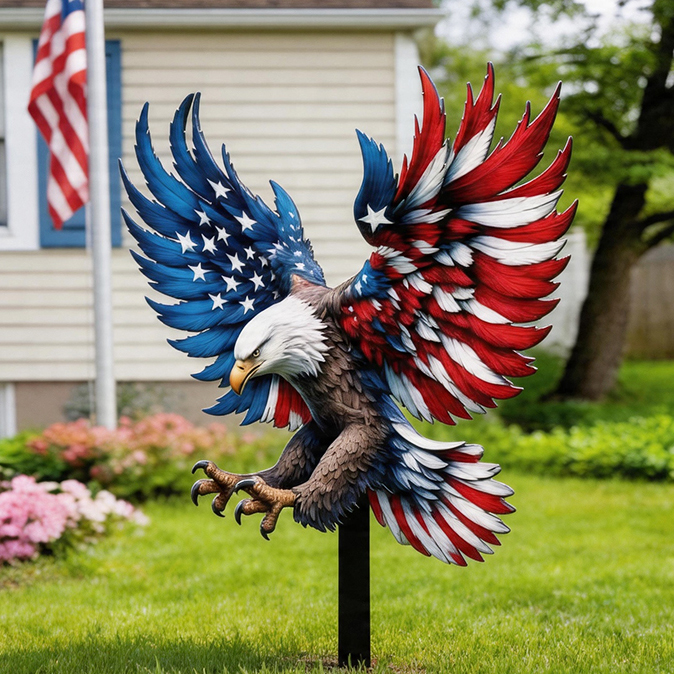 Patriotic Bald Eagle Metal Yard Stake – American Flag Garden Sculpture