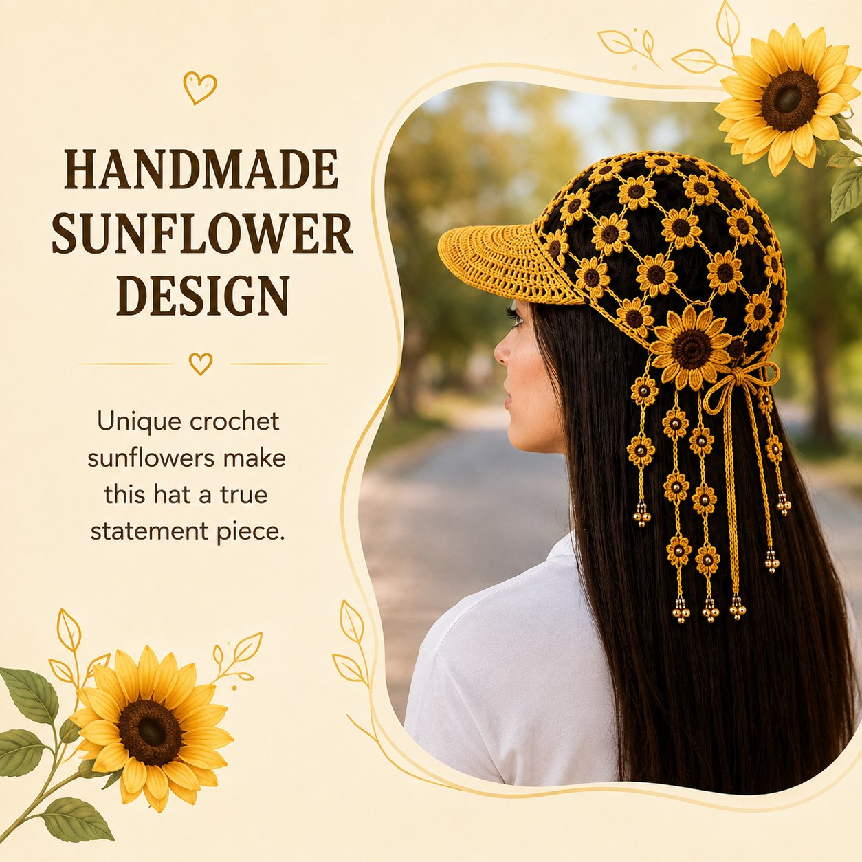 🌻Women’s Handmade Crochet Sunflower Baseball Cap – Hollow-Out Boho Summer Sun Hat with Decorative Tassels