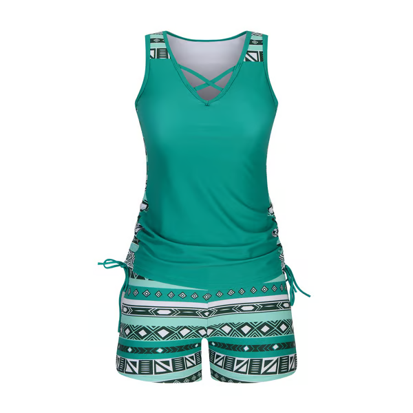 Women's Tummy Control Tankini Set with Built-In Bra – Flattering Boho Swimwear with Shorts