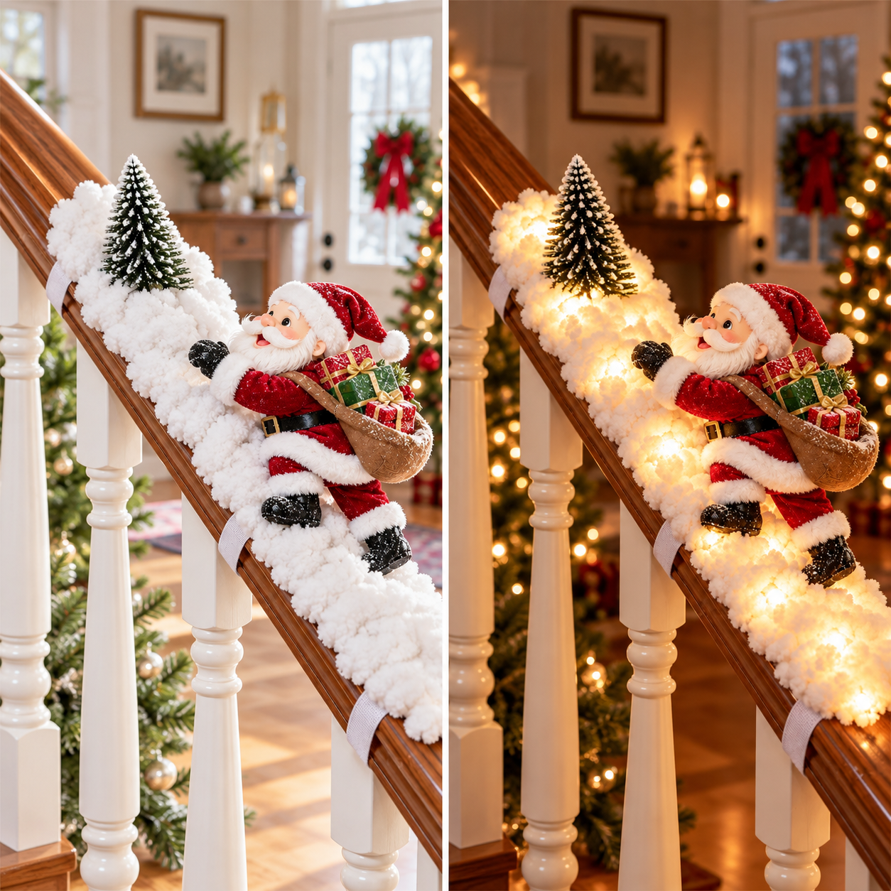 Christmas Staircase Garland with Warm Lights and Holiday Characters