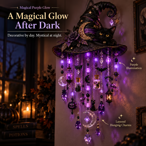 🧙‍♀️ Witch Hat & Black Cat Glow Cascade Wall Light