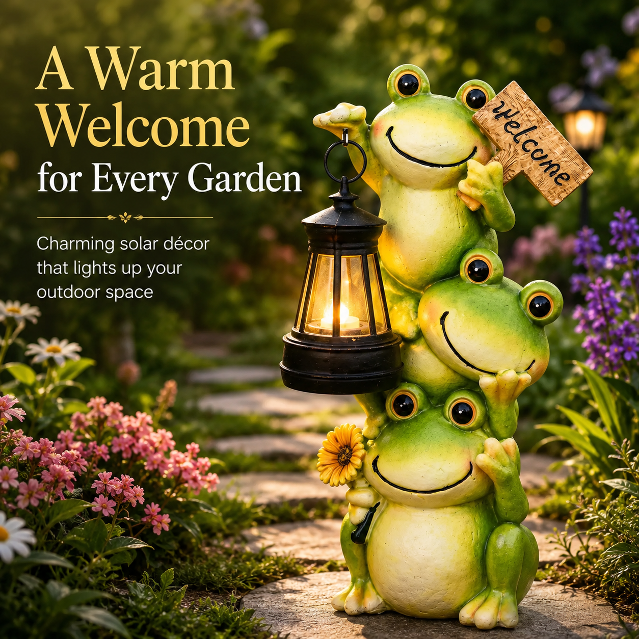Stacked Frogs Solar Garden Statue with Lantern Light