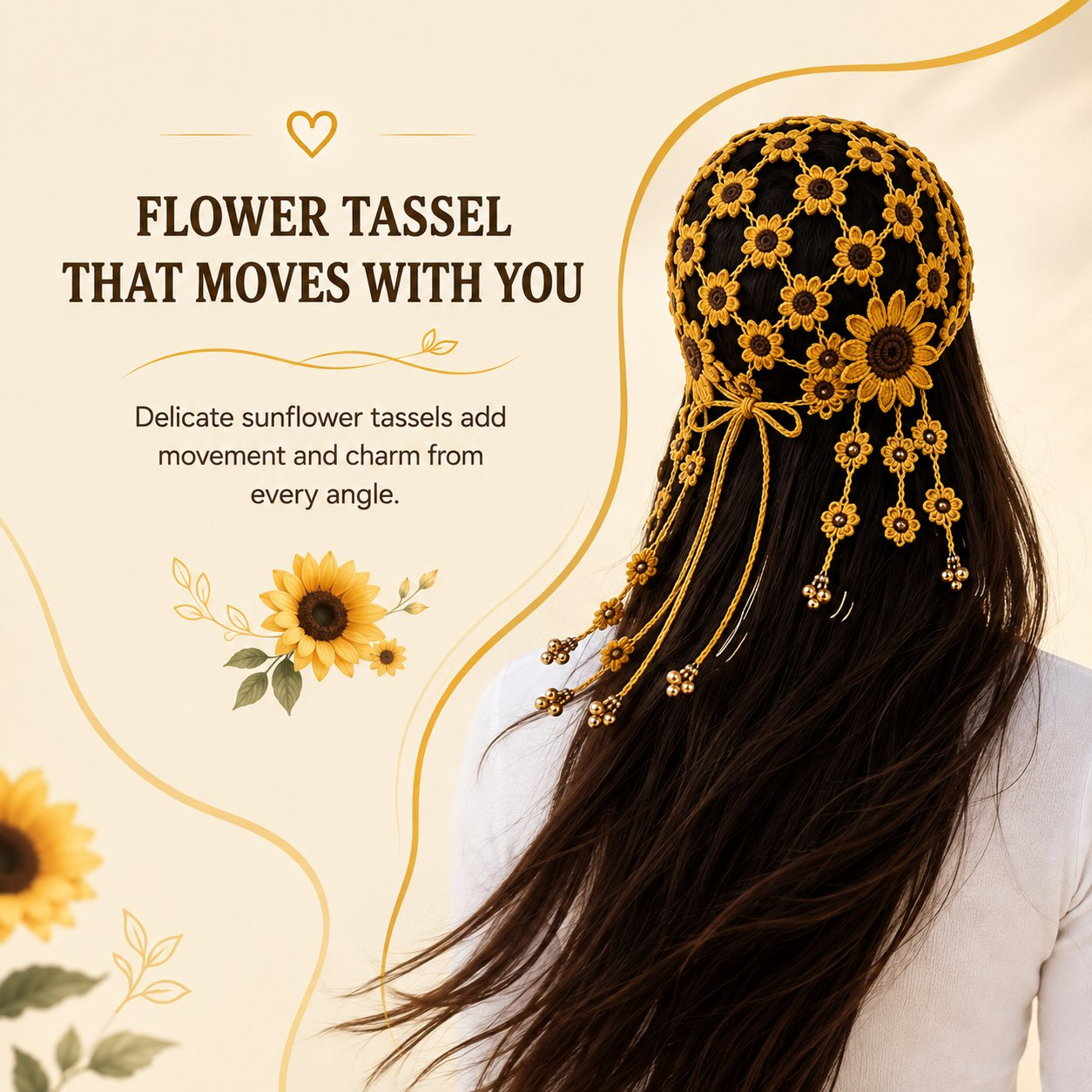 🌻Women’s Handmade Crochet Sunflower Baseball Cap – Hollow-Out Boho Summer Sun Hat with Decorative Tassels