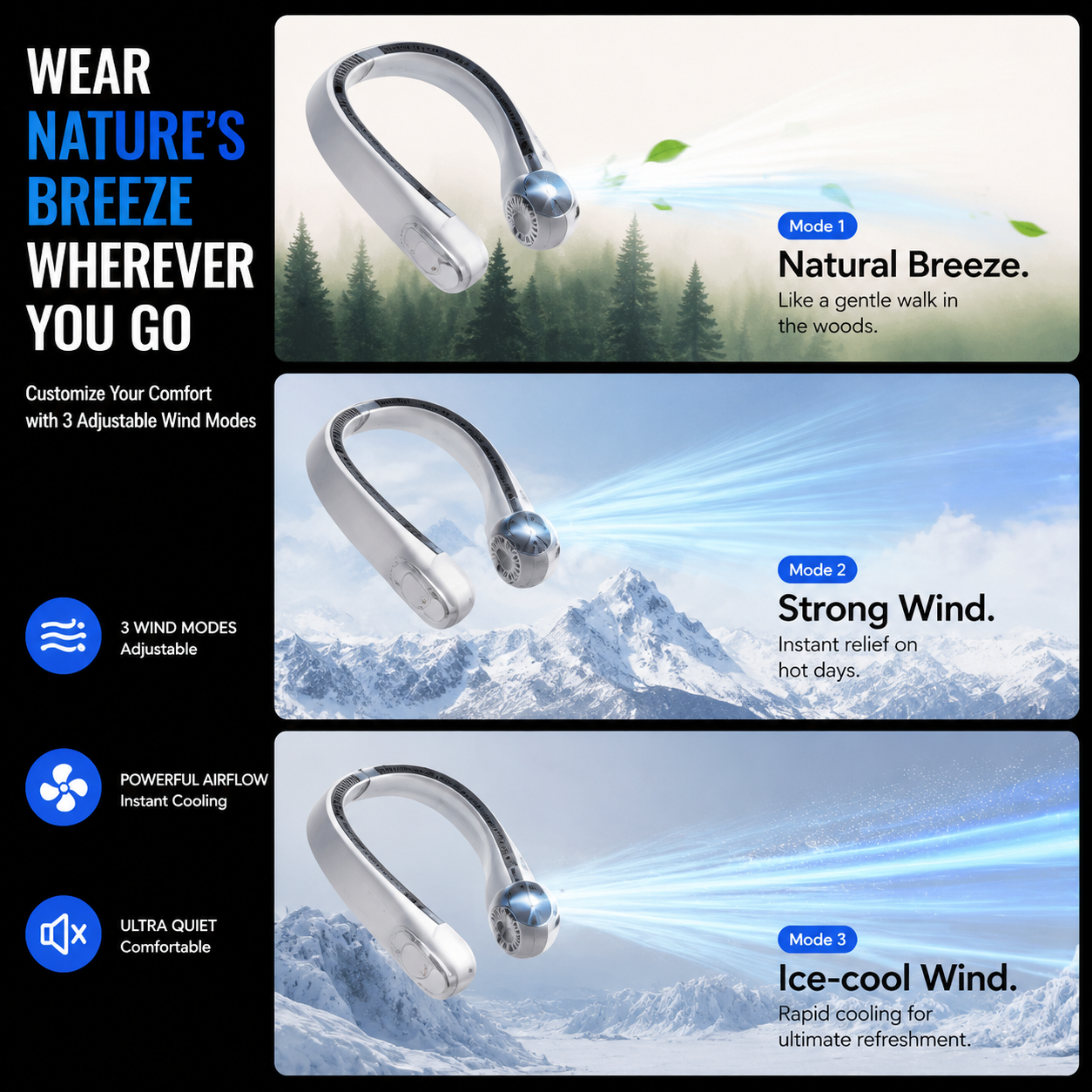 Fast Cooling AR Turbine Neck Fan, Bladeless Design with 3 Speeds