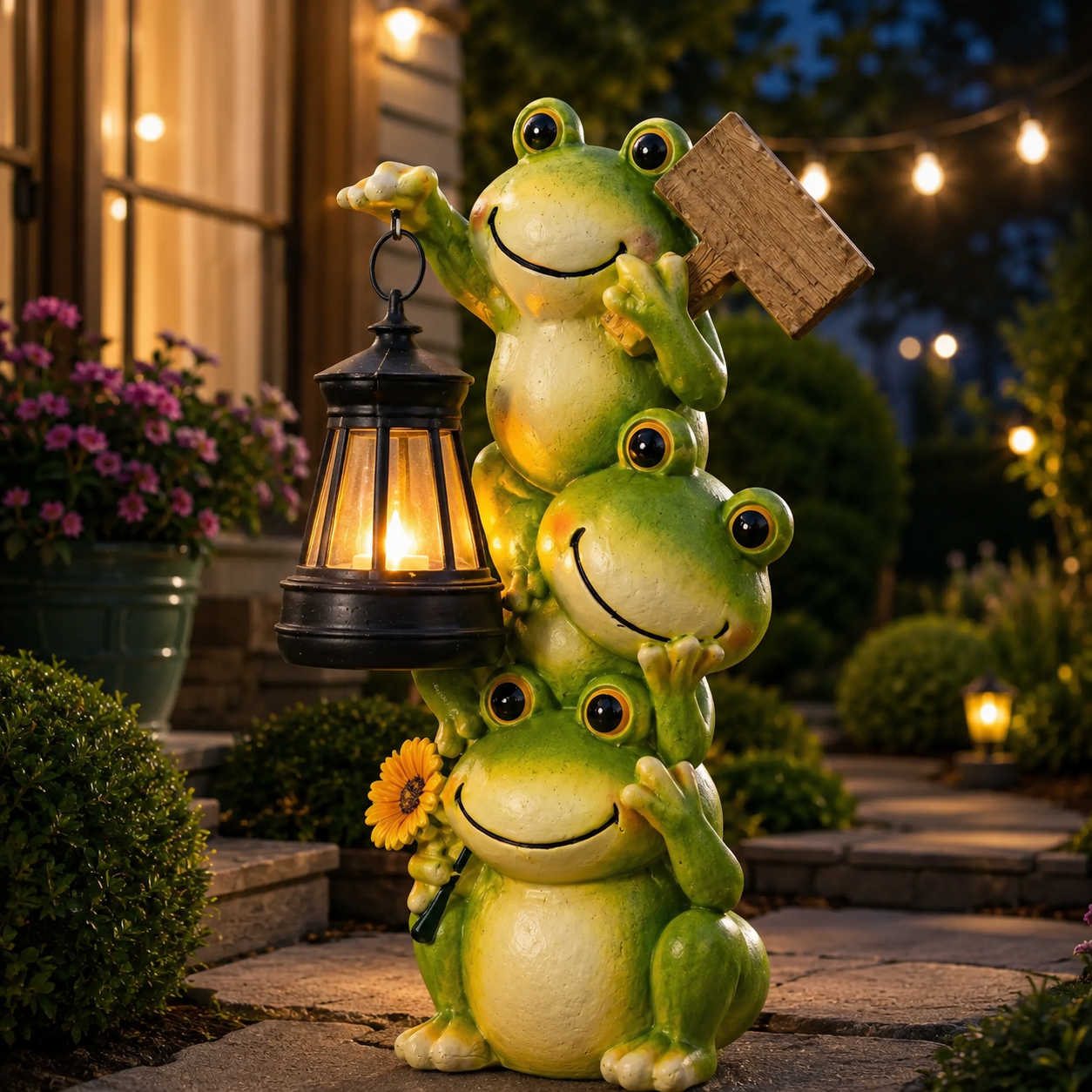 Stacked Frogs Solar Garden Statue with Lantern Light