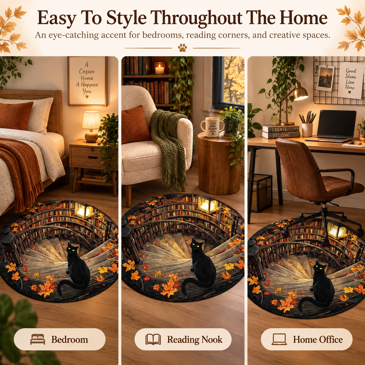 3D Black Cat Secret Library Illusion Rug