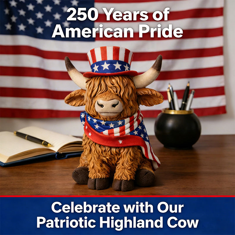 🐂 Patriotic Highland Cow Figurine Set – 250th Anniversary Tribute 🇺🇸✨