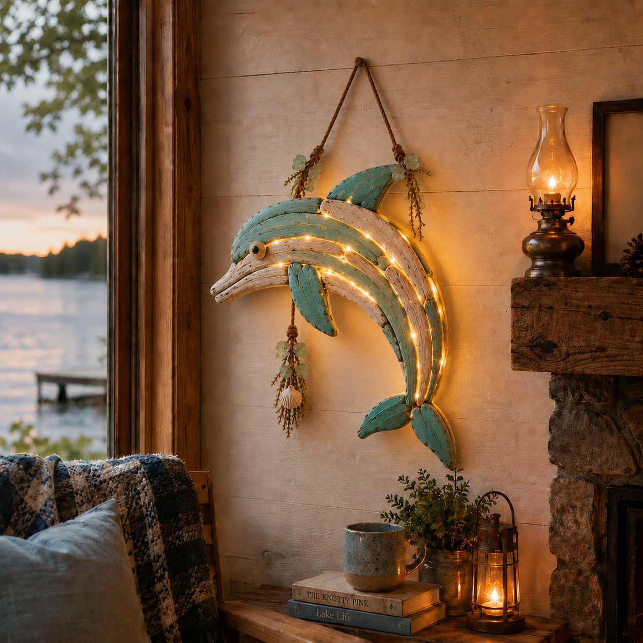 Dolphin coastal wall decor, lighted style (warm lights)