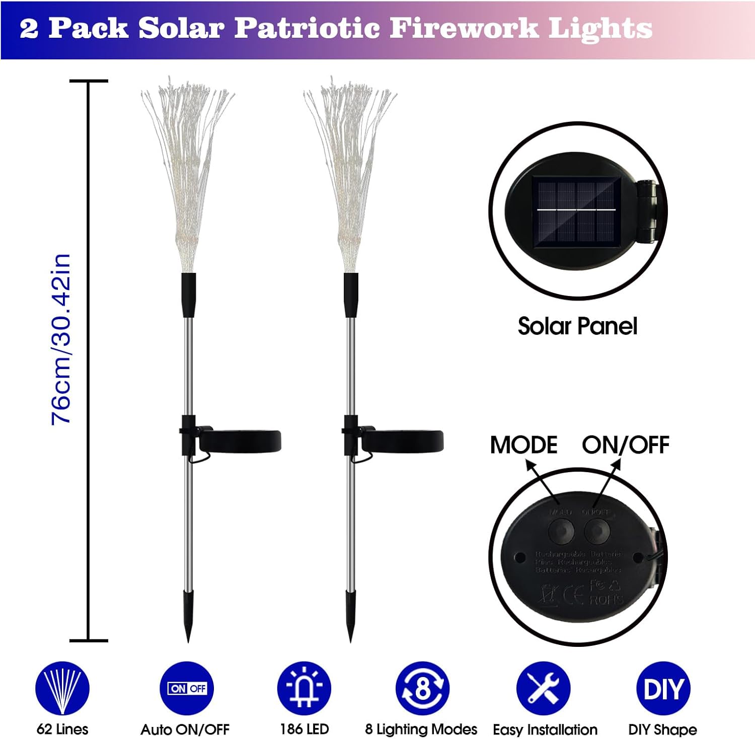 4th of July Decorations Solar Firework Lights(2 Pack)