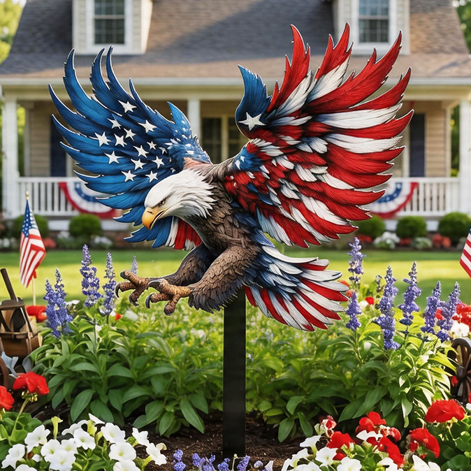 Patriotic Bald Eagle Metal Yard Stake – American Flag Garden Sculpture