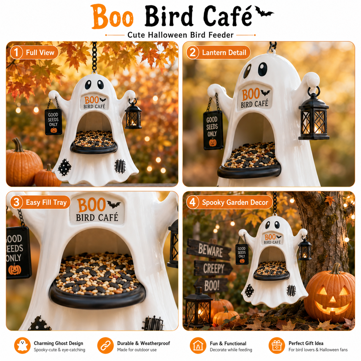 🎁Last Day 49% OFF - 👻 Boo Bird Café – Halloween Ghost Bird Feeder With Lantern 🎃