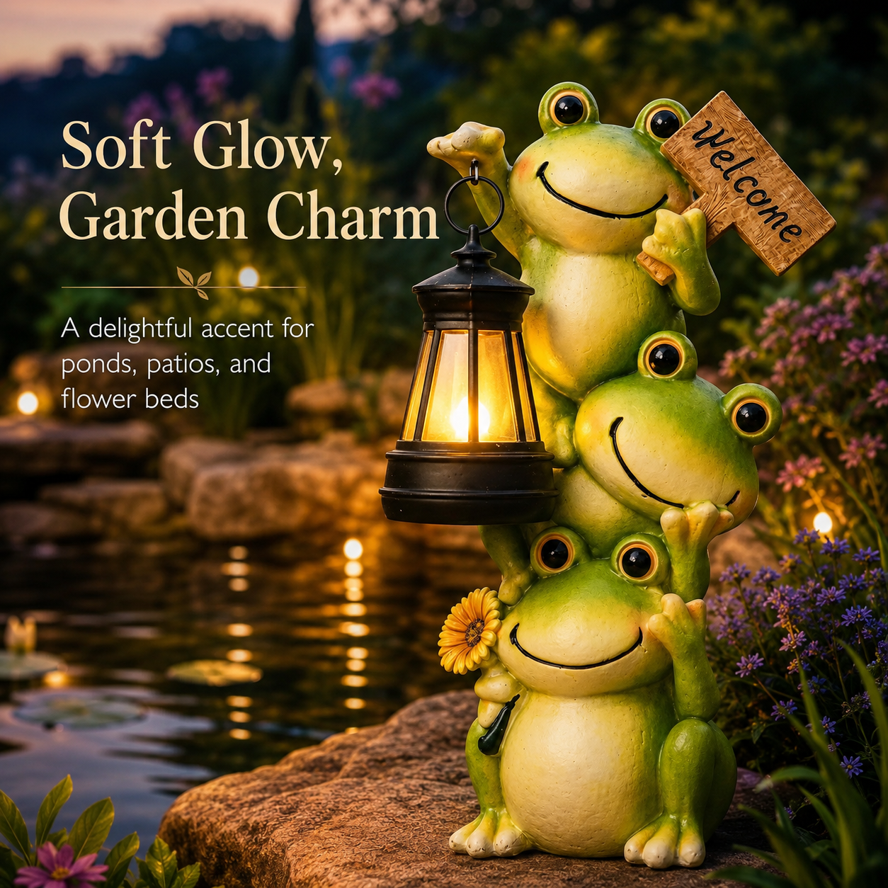 Stacked Frogs Solar Garden Statue with Lantern Light