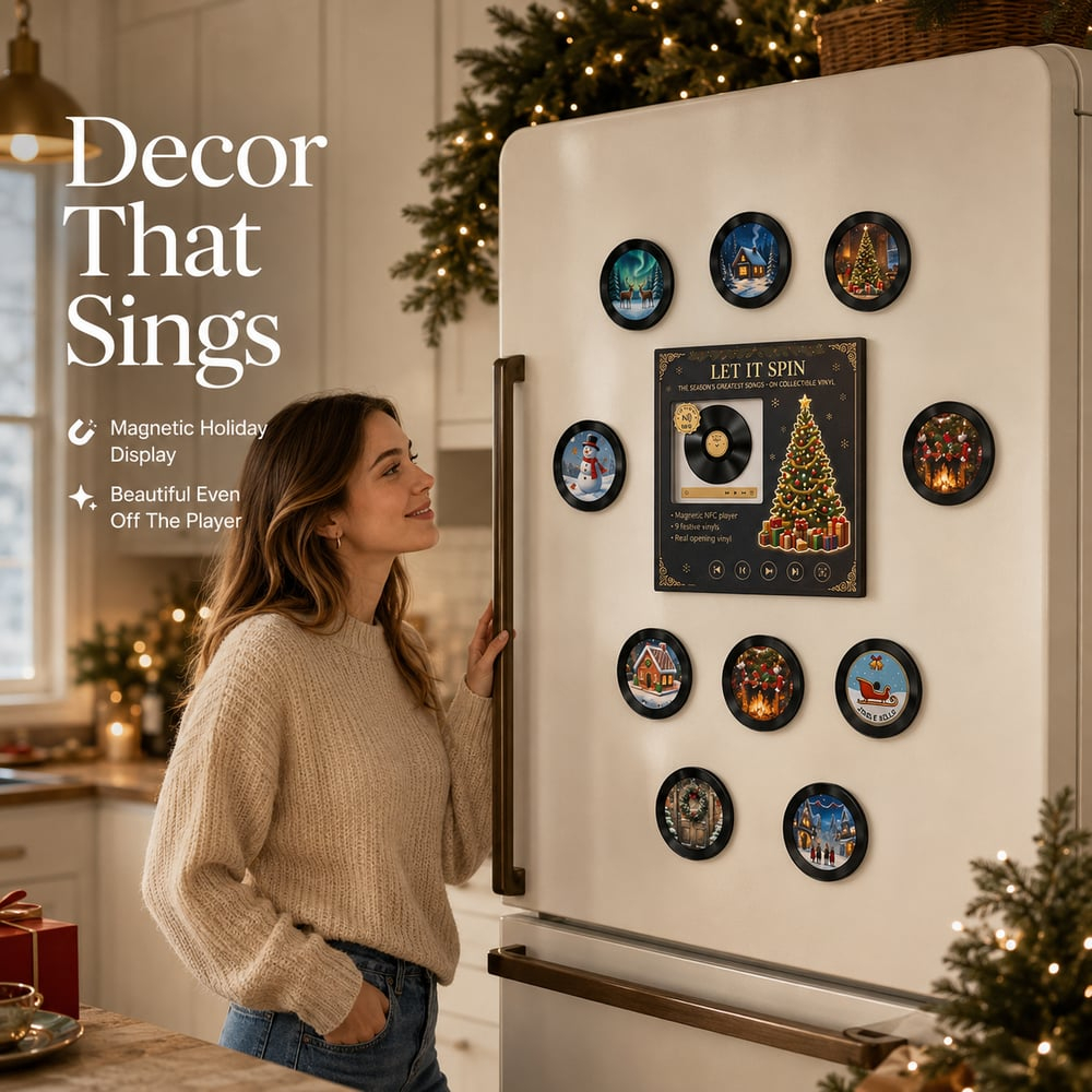 Retro NFC Vinyl Christmas Refrigerator Magnet Light-Up Spinning Decor for Holiday Home & Christmas Gift