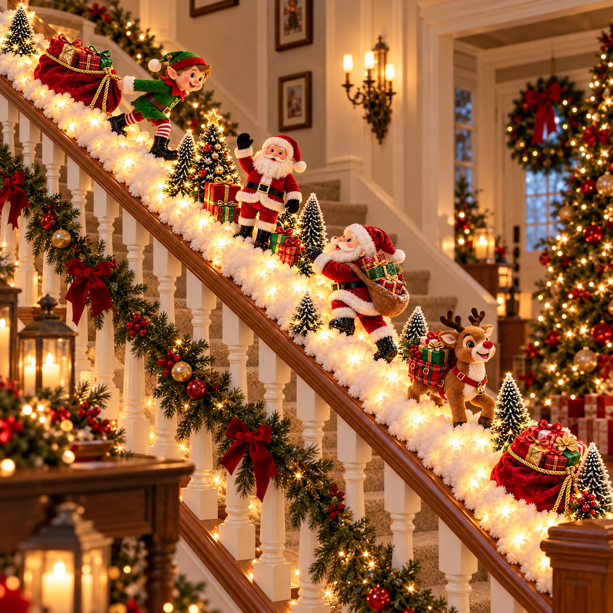 Christmas Staircase Garland with Warm Lights and Holiday Characters