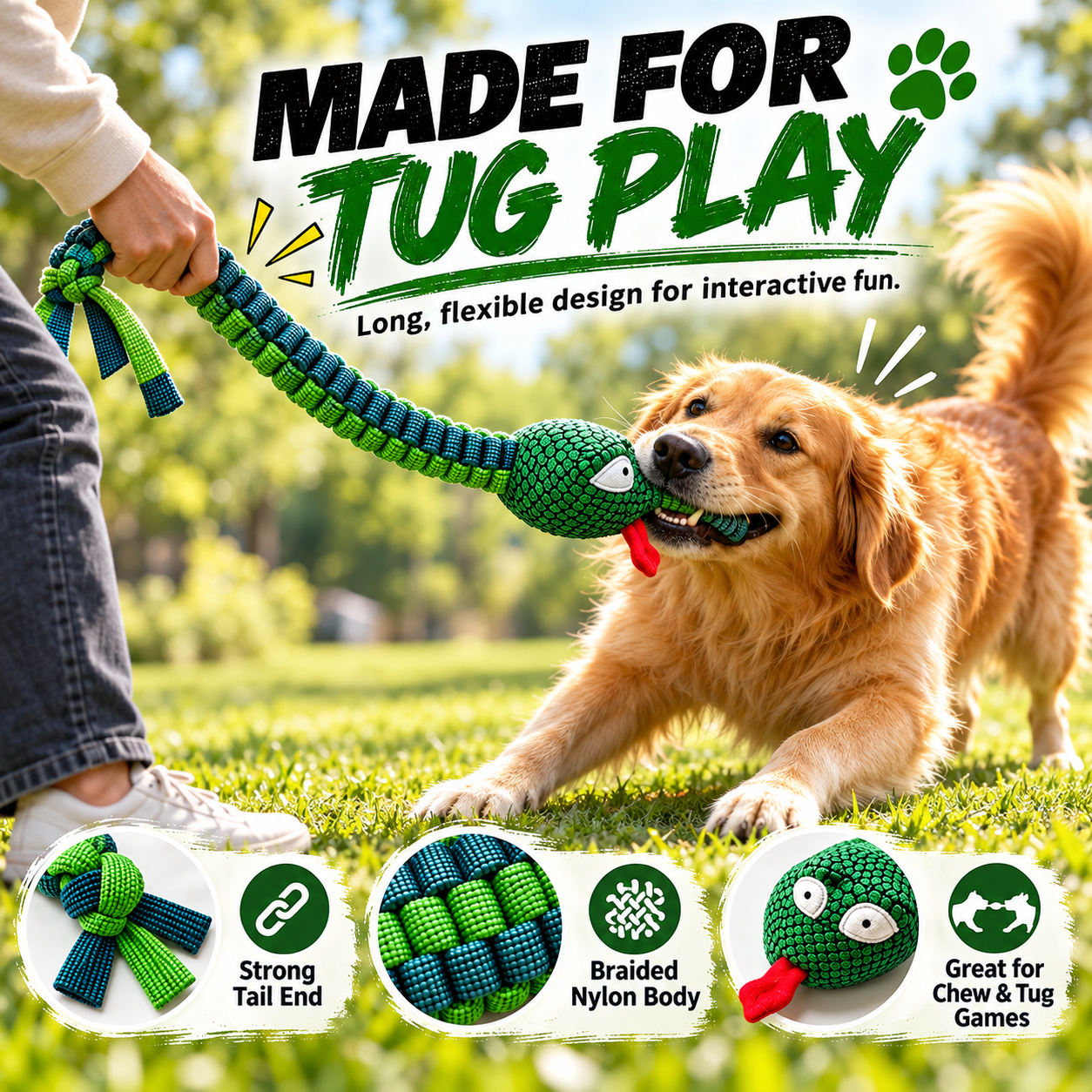 Tough Braided Snake Dog Toy – Squeaky, Chew-Resistant Tug Toy for Medium & Large Dogs