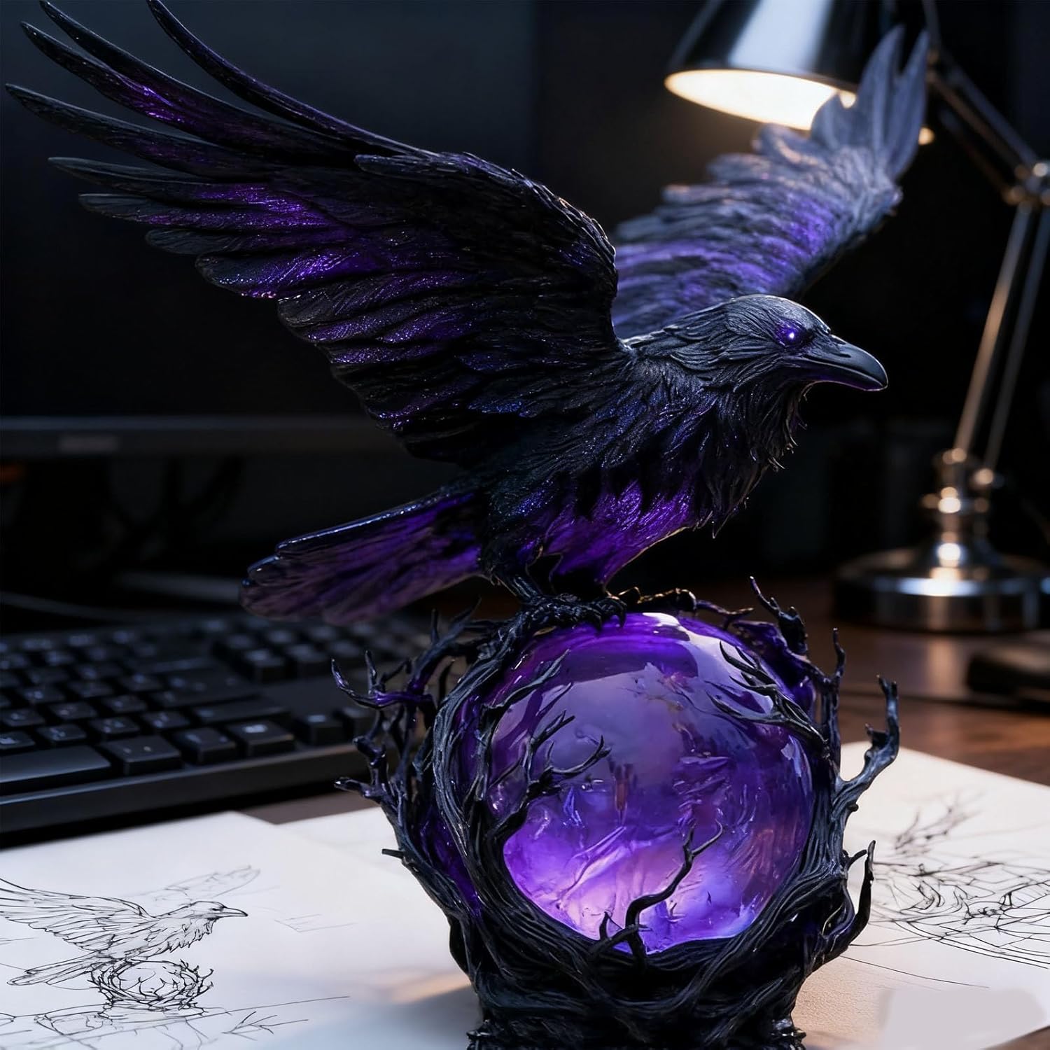 🌙🖤 “Raven’s Moonlight” Gothic LED Lamp – Mysterious Crow on Glowing Orb Sculpture ✨