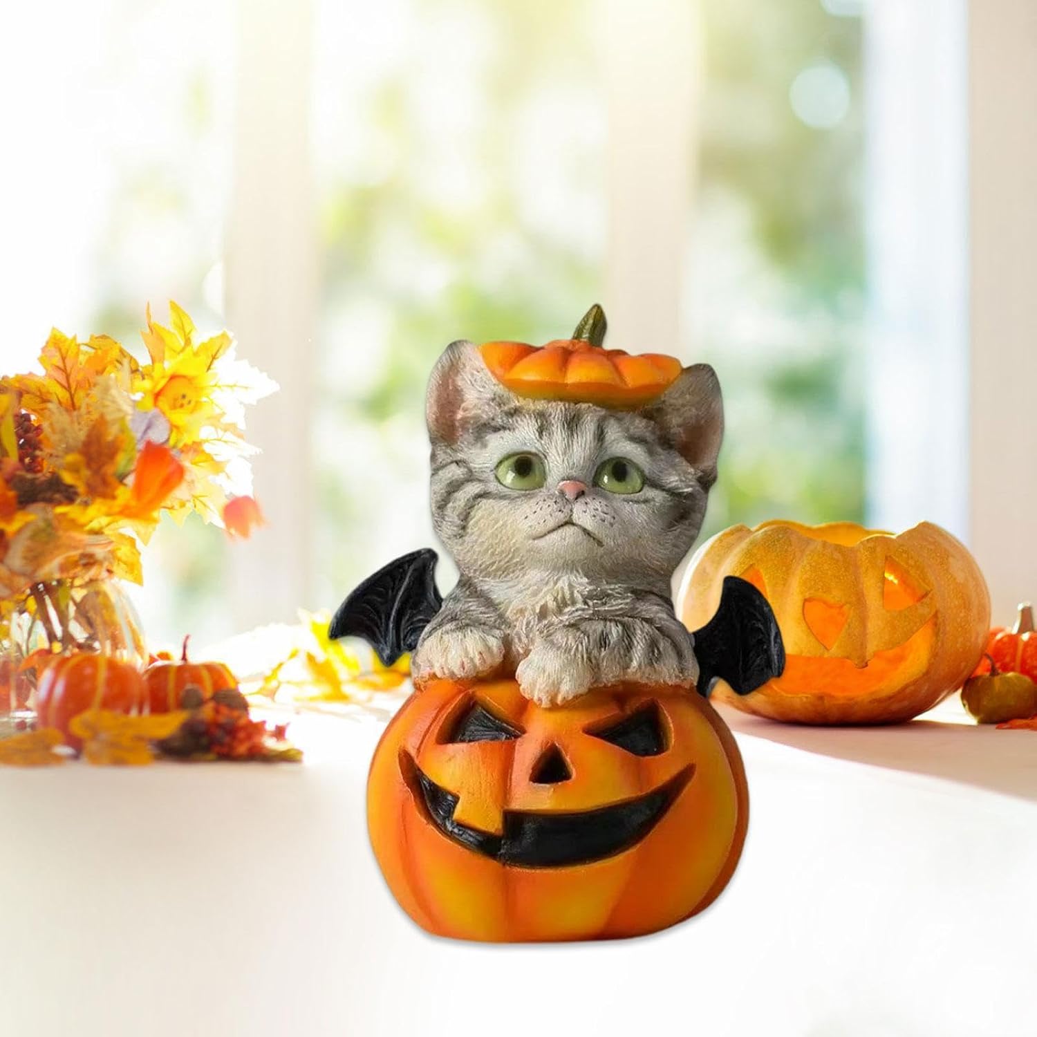 Handmade Halloween Pumpkin Cat Statue