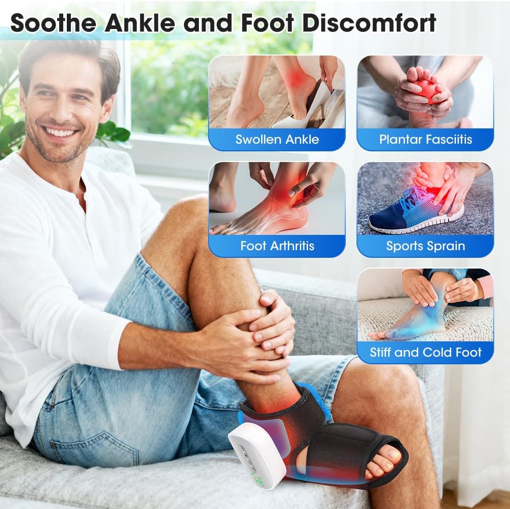 Cordless foot and ankle massager being worn at home