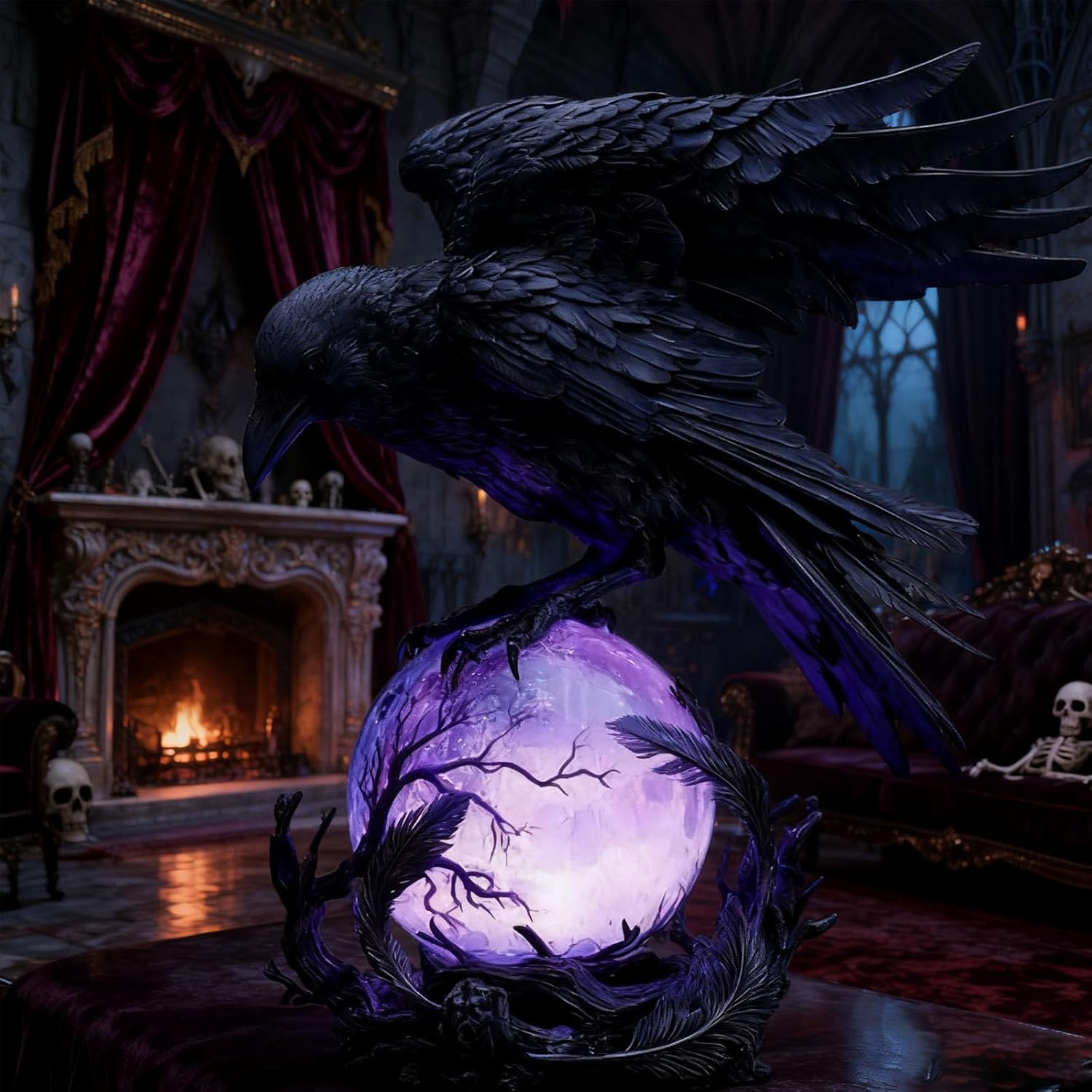 🌙🖤 “Raven’s Moonlight” Gothic LED Lamp – Mysterious Crow on Glowing Orb Sculpture ✨