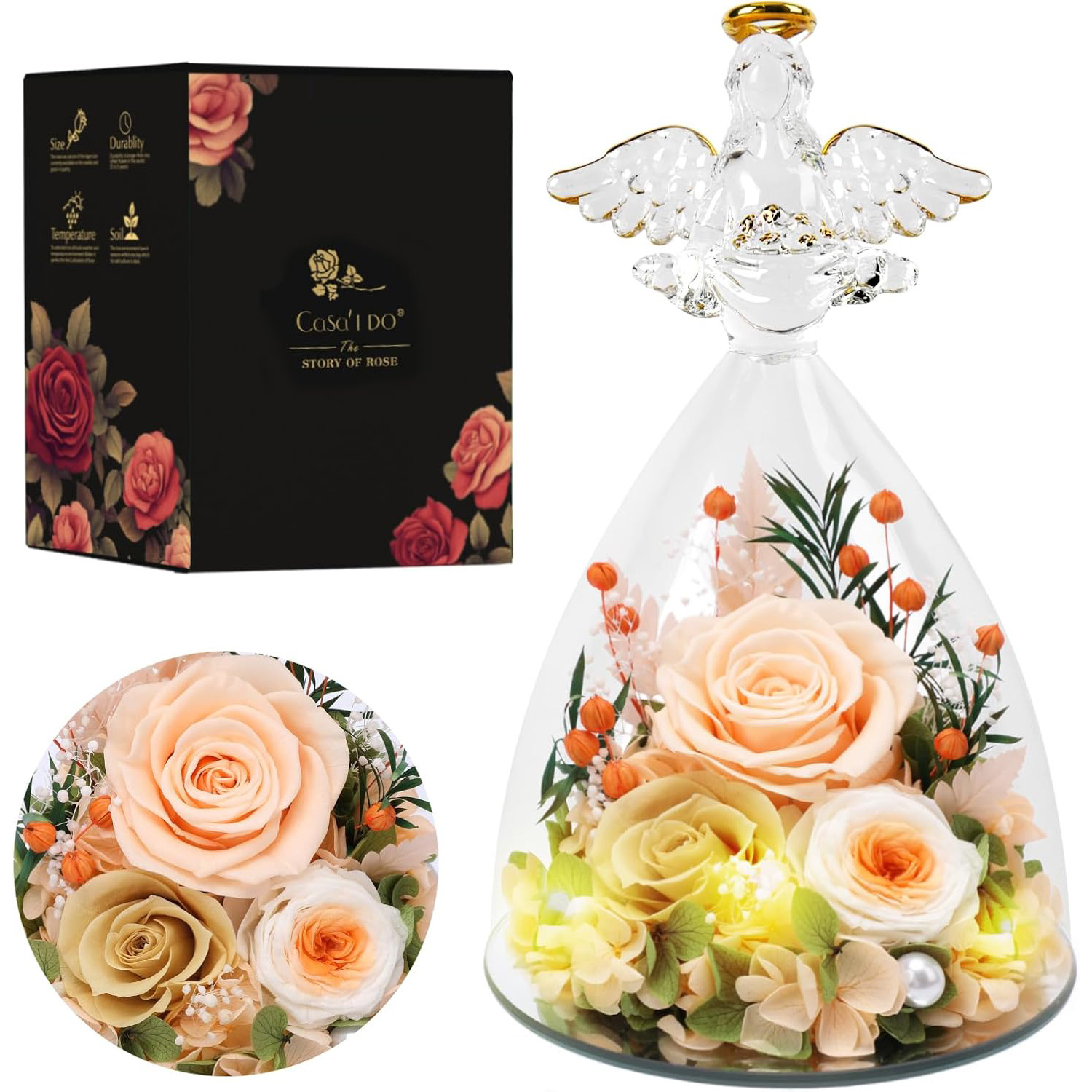 Preserved Rose Angel Gift with LED Lights