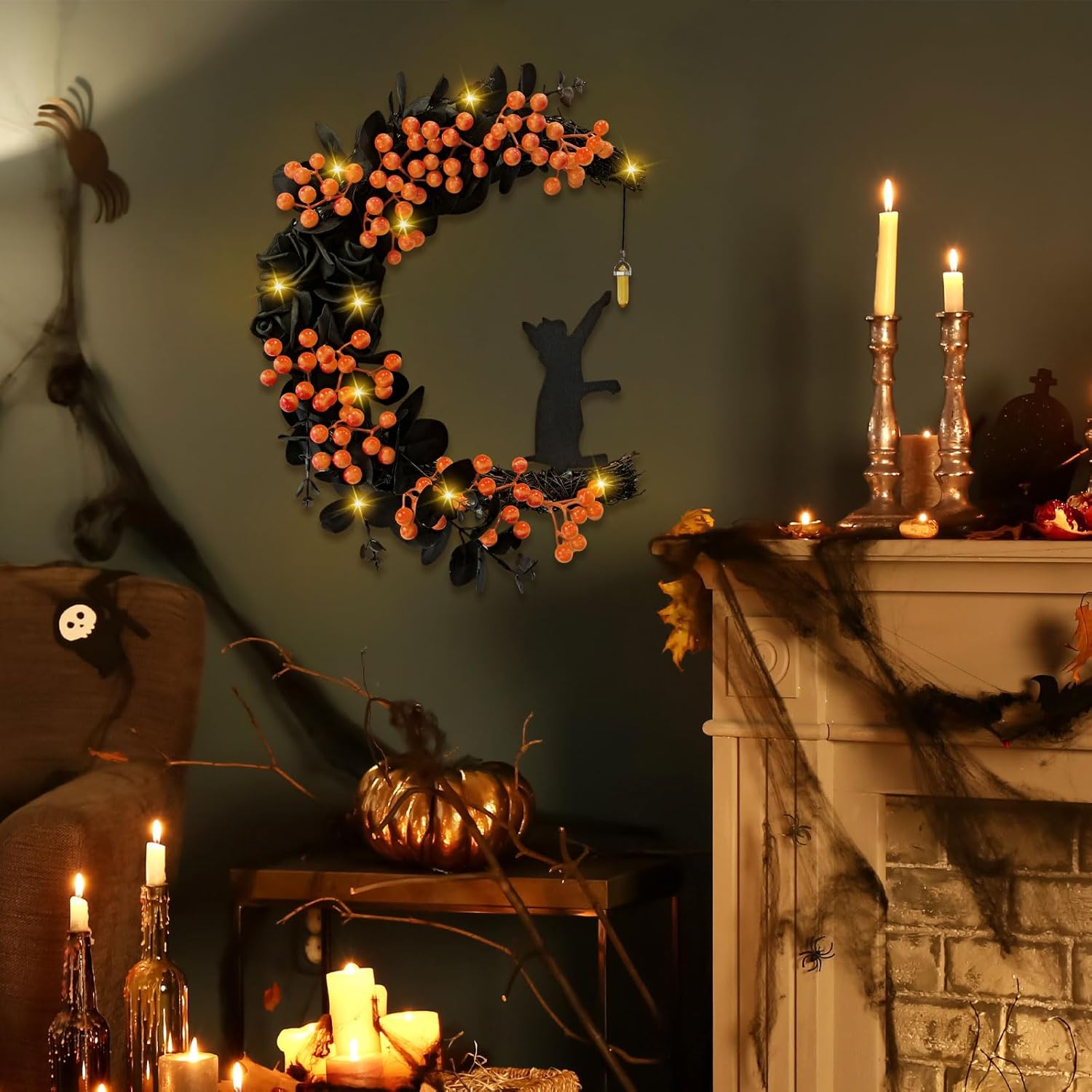 Halloween Front Door Moon Black Cat Rose Wreath With Lights