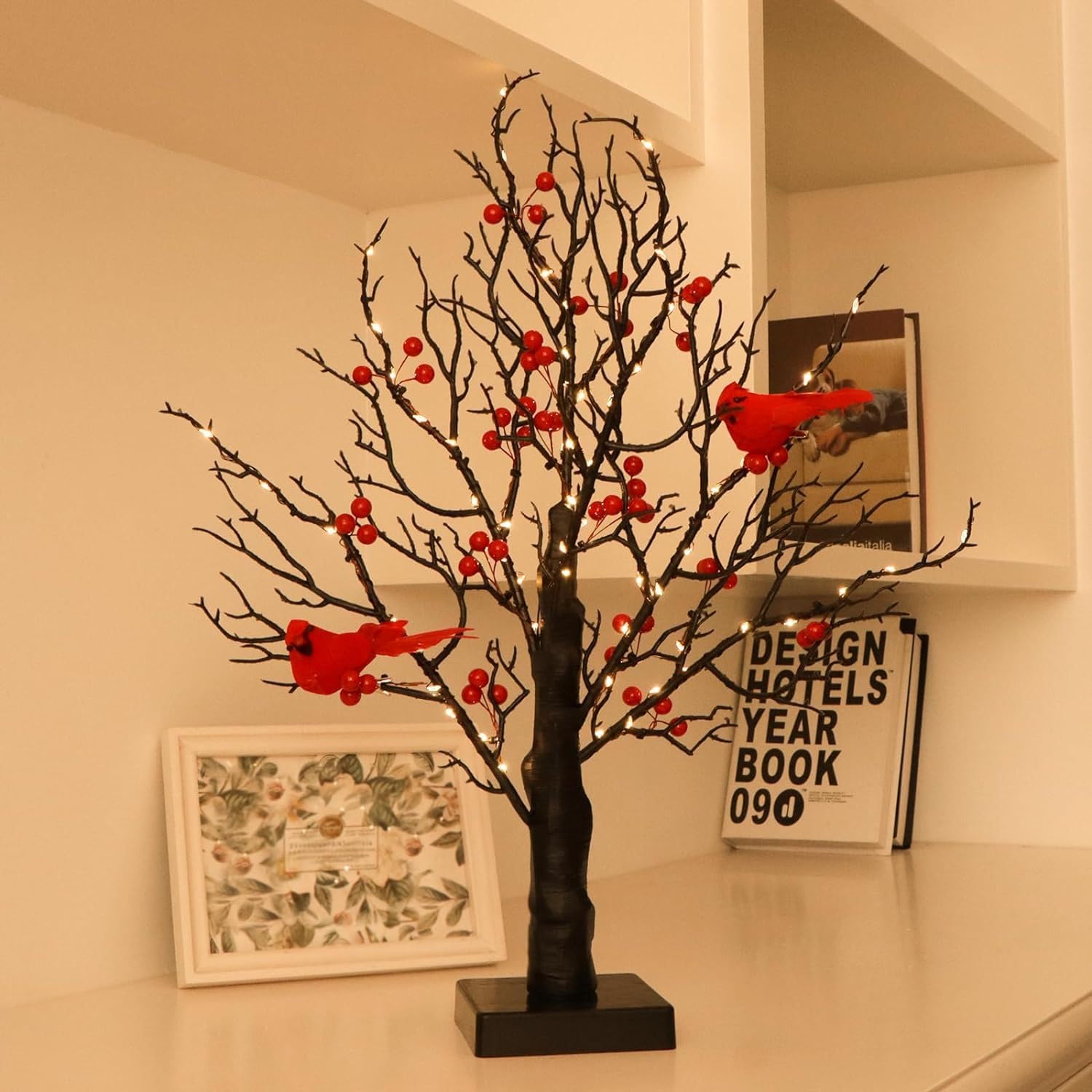 Cardinal Tabletop LED Tree Light with Red Berries