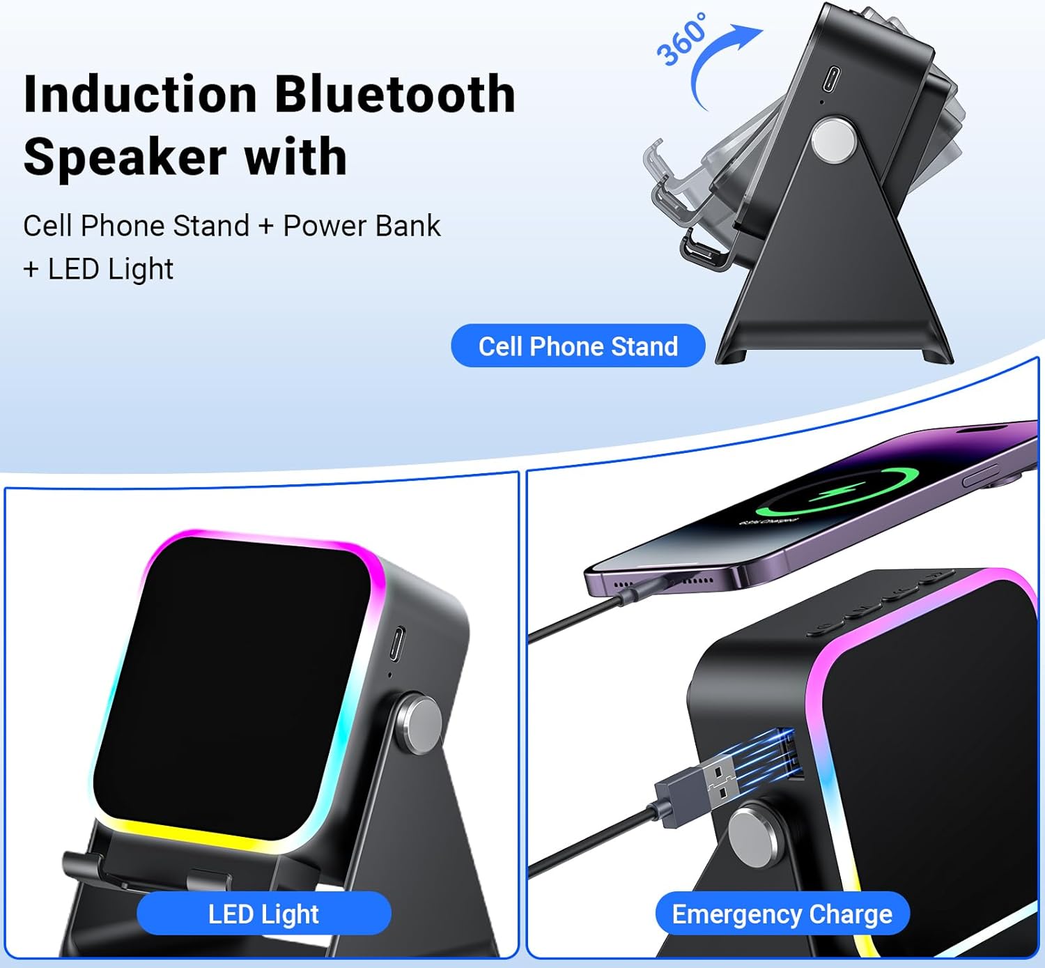 Smart Wireless Induction Speaker Phone Stand with Bluetooth 5.3 & RGB Light