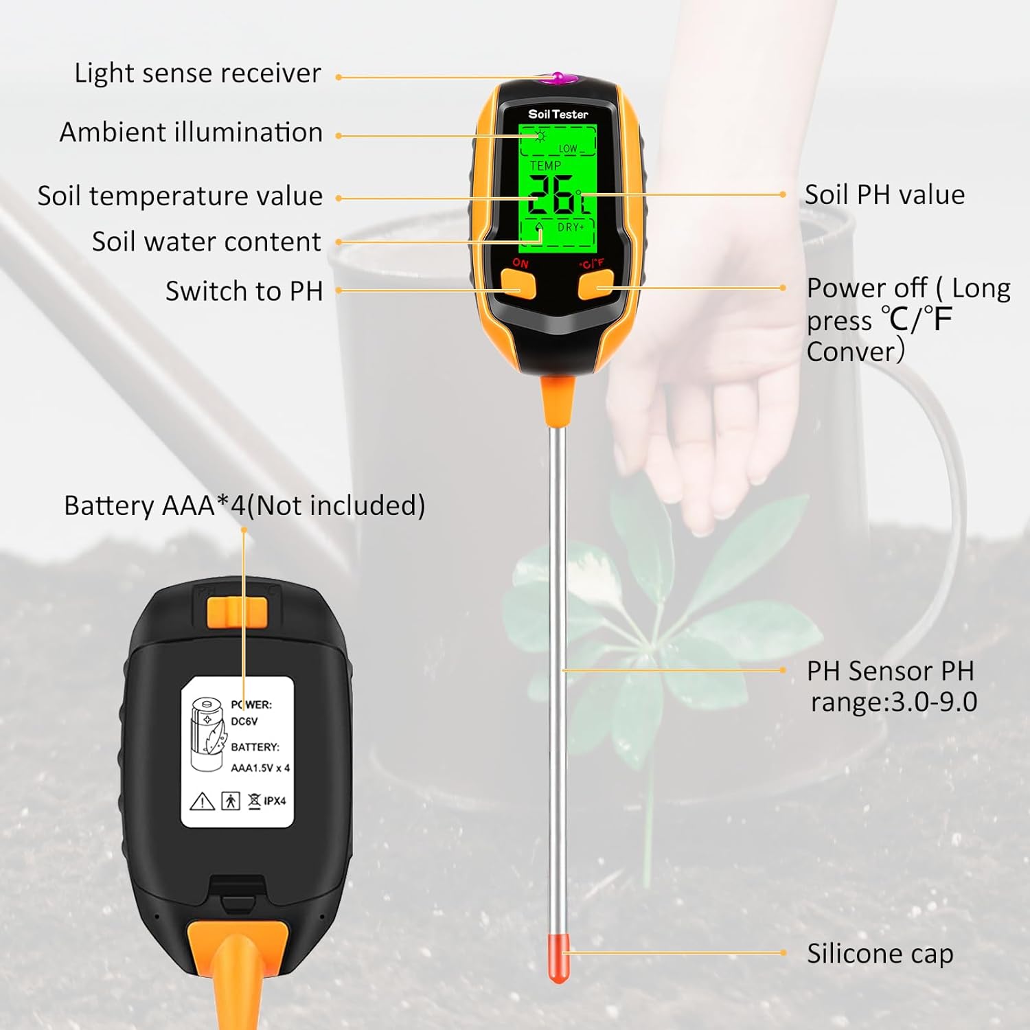Soil Moisture Meter Digital Plant Temperature/Soil Moisture/PH Meter/Sunlight Intensity/Environment Humidity Backlight LCD display Soil Test Meter for Gardening, Farming and Outdoor Plants with 4 batteries
