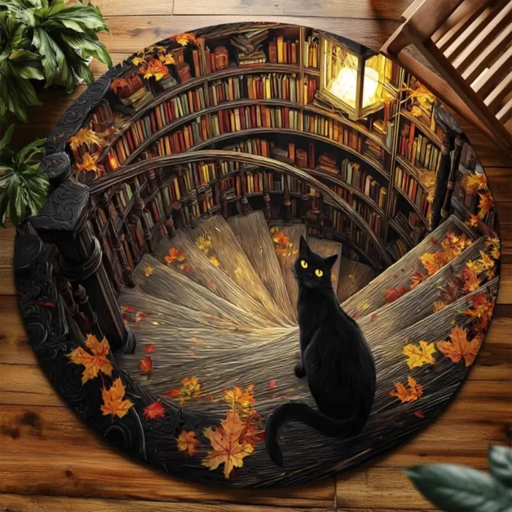3D Black Cat Secret Library Illusion Rug